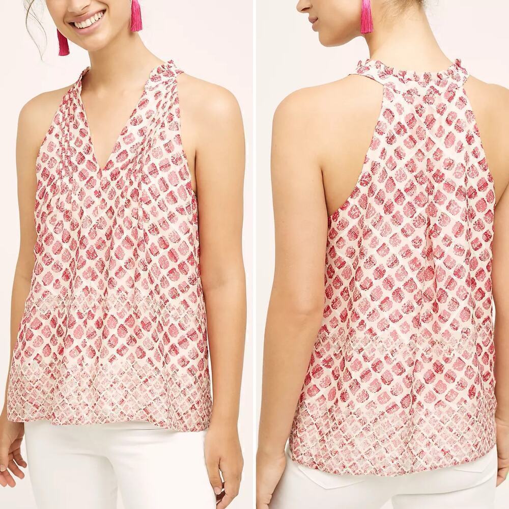 Anthropologie HD in Paris Carmona Silk Halter Tank Blouse Pink White, Size Small